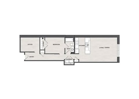 A floor plan of a house with an office, bedroom, kitchen, and living room.